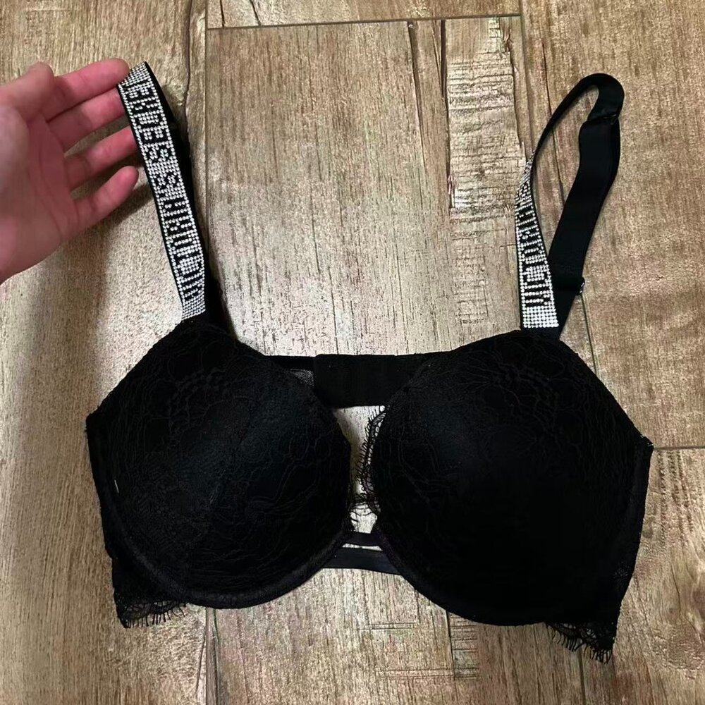 Victoria’s Secret Lace Push-Up Bra 36B Black Rhinestone Logo Strap